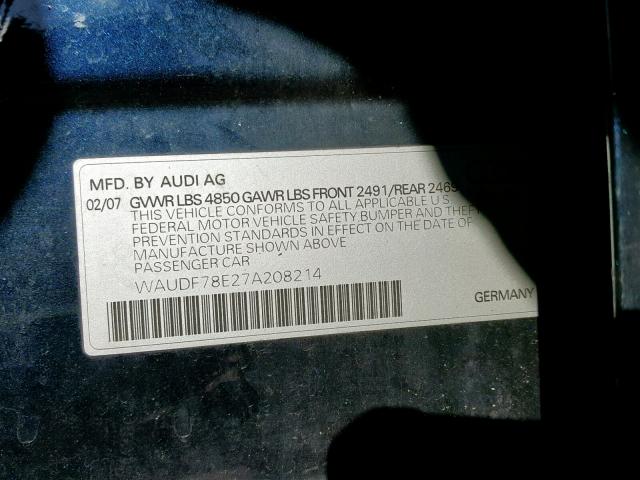 WAUDF78E27A208214 - 2007 AUDI A4 2.0T QU 蓝色 照片 10
