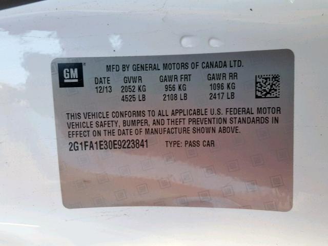 2G1FA1E30E9223841 - 2014 CHEVROLET CAMARO LS WHITE photo 10