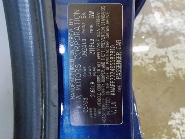 KNAFE222495587810 - 2009 KIA SPECTRA EX BLUE photo 10