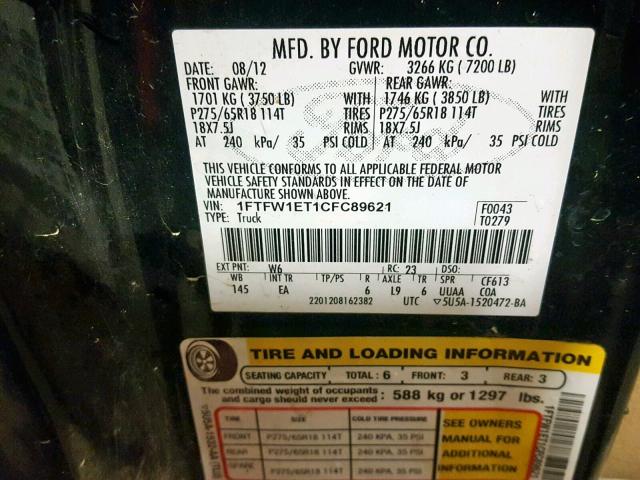 1FTFW1ET1CFC89621 - 2012 FORD F150 SUPER BLACK photo 10