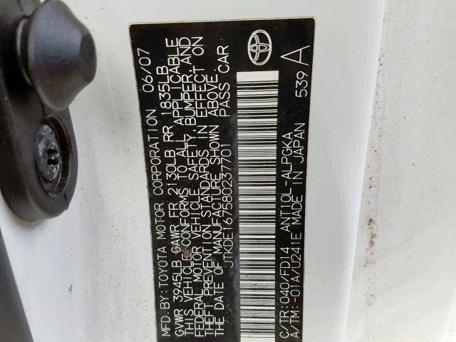 JTKDE167580237701 - 2008 TOYOTA SCION TC თეთრი ფოტო 10