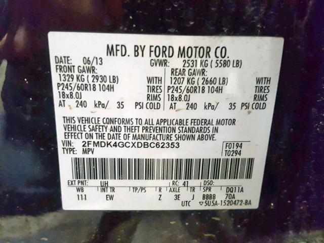 2FMDK4GCXDBC62353 - 2013 FORD EDGE SE BLACK photo 10