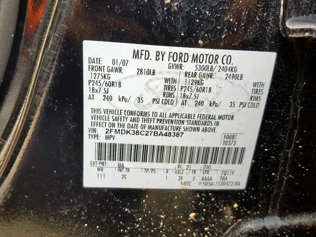 2FMDK38C27BA48387 - 2007 FORD EDGE SEL BLACK photo 10