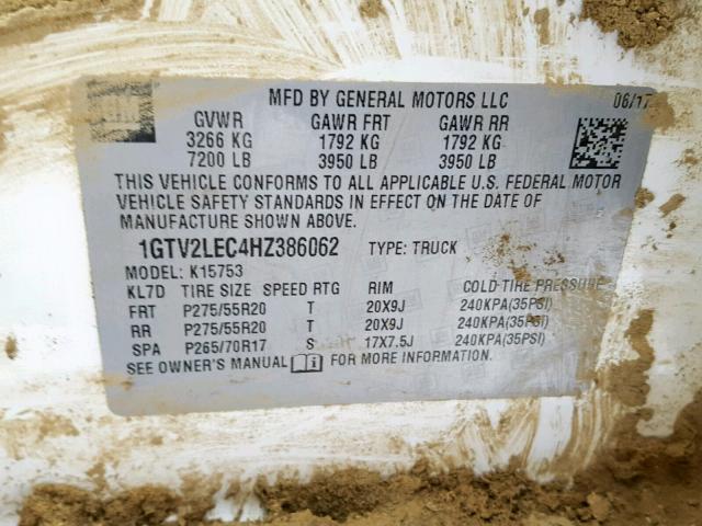 1GTV2LEC4HZ386062 - 2017 GMC SIERRA K15 WHITE photo 10