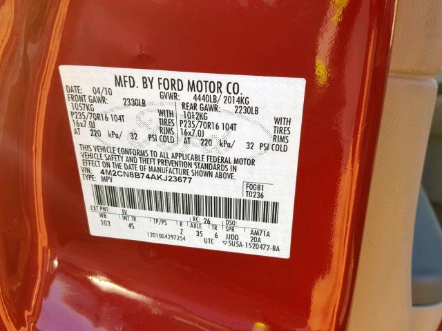 4M2CN8B74AKJ23677 - 2010 MERCURY MARINER RED photo 10