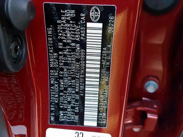 4T1BZ1FB1KU001999 - 2019 TOYOTA AVALON XLE BURGUNDY photo 10