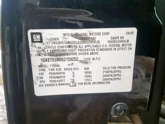 1GKET63M862159252 - 2006 GMC ENVOY DENA BLACK photo 10