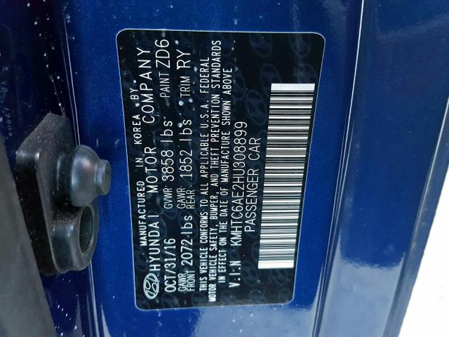 KMHTC6AE2HU308899 - 2017 HYUNDAI VELOSTER T BLUE photo 10