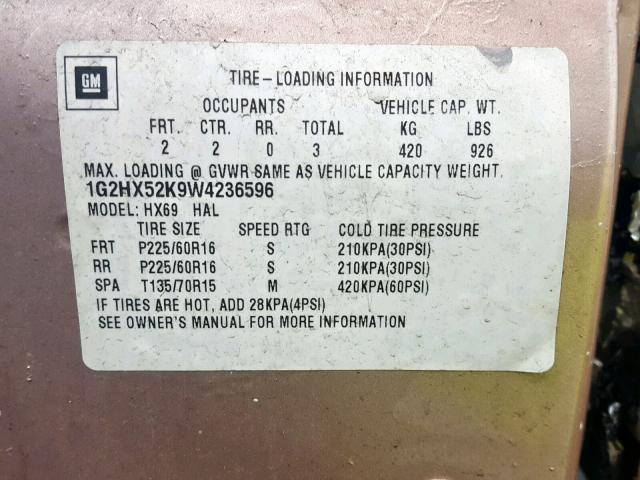 1G2HX52K9W4236596 - 1998 PONTIAC BONNEVILLE GOLD photo 10