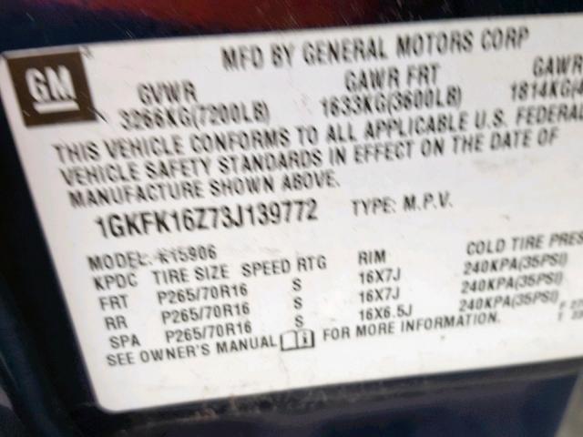 1GKFK16Z73J139772 - 2003 GMC YUKON XL K BLUE photo 10