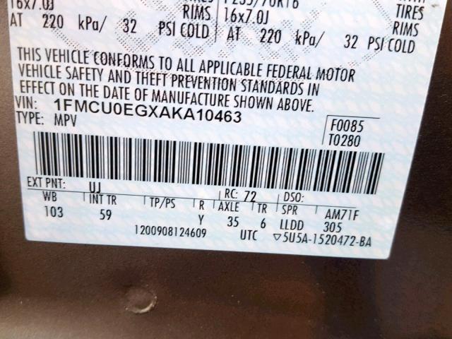 1FMCU0EGXAKA10463 - 2010 FORD ESCAPE LIM GRAY photo 10