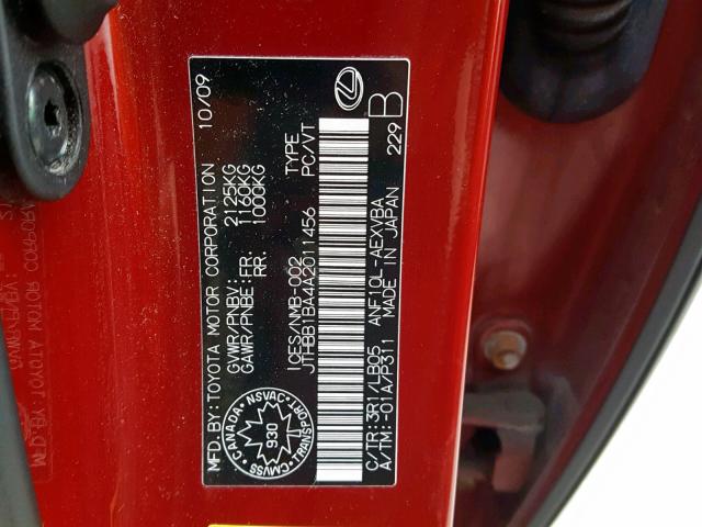 JTHBB1BA4A2011456 - 2010 LEXUS HS 250H RED photo 10