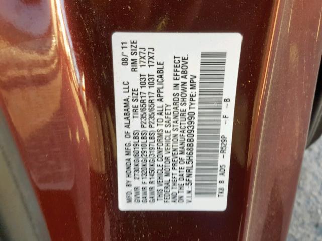 5FNRL5H68BB093990 - 2011 HONDA ODYSSEY EX MAROON photo 10