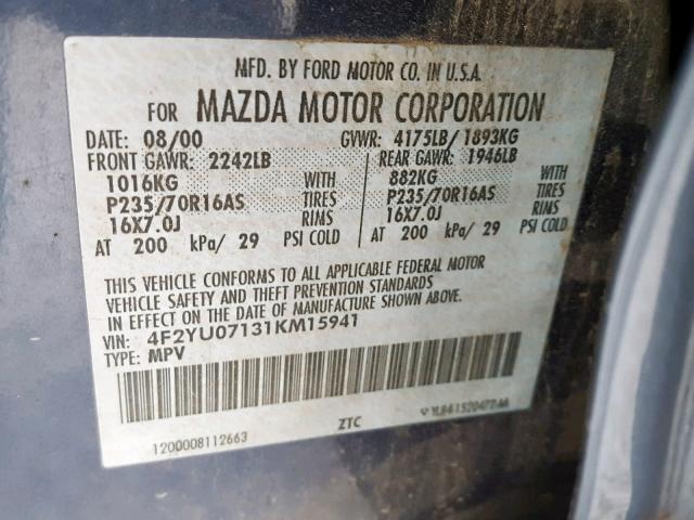 4F2YU07131KM15941 - 2001 MAZDA TRIBUTE DX 蓝色 照片 10