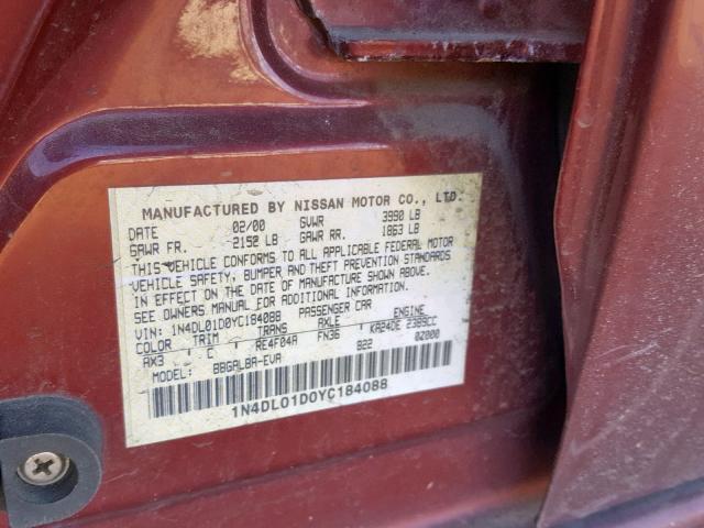 1N4DL01D0YC184088 - 2000 NISSAN ALTIMA XE MAROON photo 10