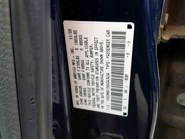 1HGCM56106A043434 - 2006 HONDA ACCORD VAL BLUE photo 10