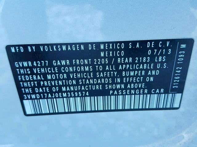 3VWD17AJ0EM359574 - 2014 VOLKSWAGEN JETTA SE SILVER photo 10