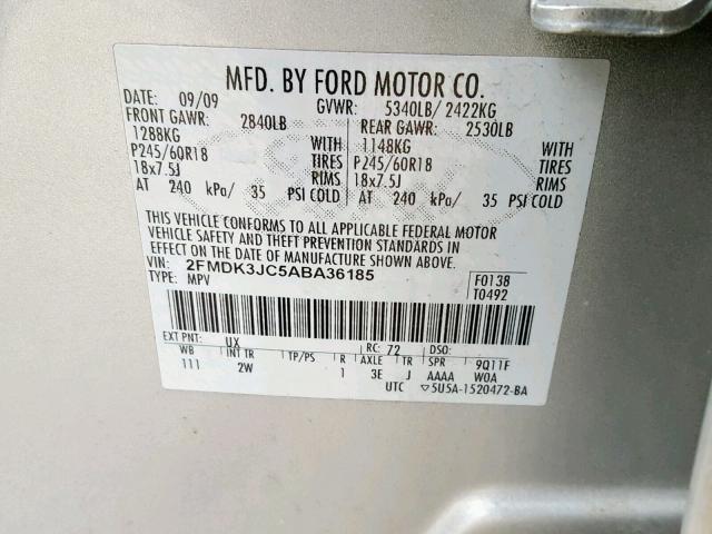 2FMDK3JC5ABA36185 - 2010 FORD EDGE SEL SILVER photo 10