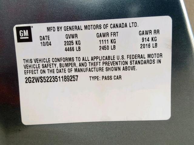 2G2WS522351189257 - 2005 PONTIAC GRAND PRIX GRAY photo 10