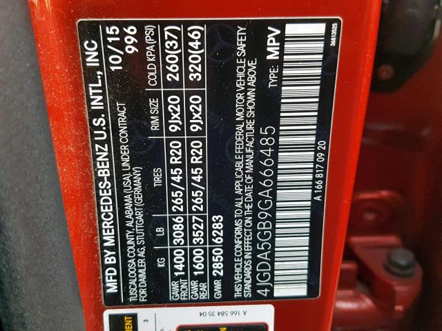 4JGDA5GB9GA666485 - 2016 MERCEDES-BENZ GLE 400 4M RED photo 10