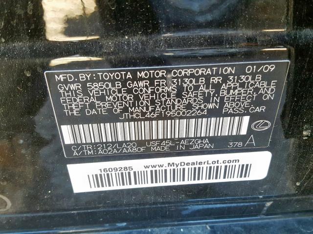 JTHCL46F195002264 - 2009 LEXUS LS 460 BLACK photo 10