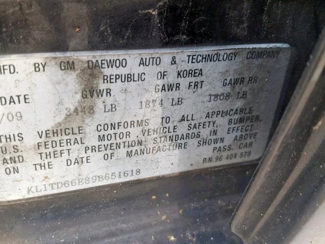 KL1TD66E89B651618 - 2009 CHEVROLET AVEO LS BLACK photo 10