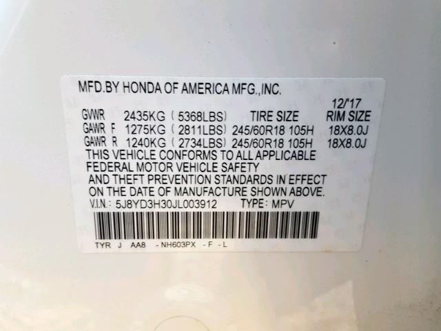 5J8YD3H30JL003912 - 2018 ACURA MDX WHITE photo 10