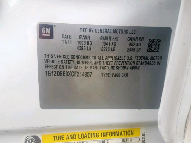 1G1ZD5E0XCF214957 - 2012 CHEVROLET MALIBU 2LT თეთრი ფოტო 10