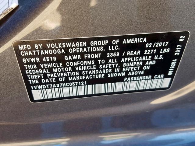 1VWDT7A37HC057121 - 2017 VOLKSWAGEN PASSAT R-L SILVER photo 10