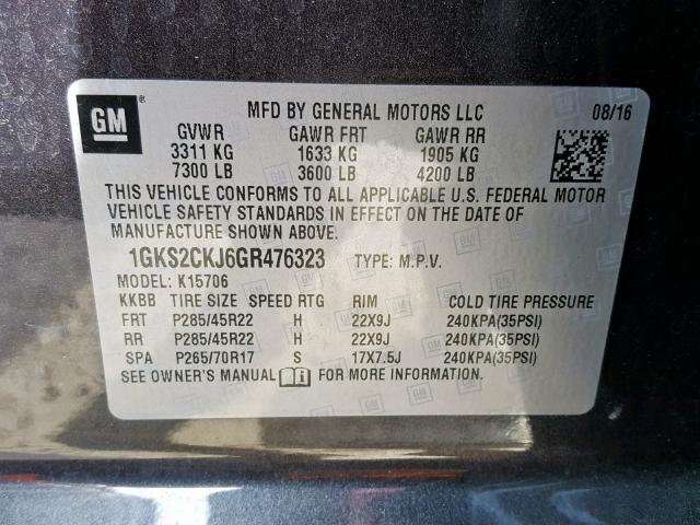 1GKS2CKJ6GR476323 - 2016 GMC YUKON DENA CHARCOAL photo 10