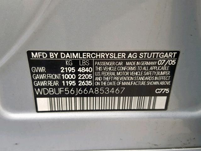 WDBUF56J66A853467 - 2006 MERCEDES-BENZ E 350 SILVER photo 10