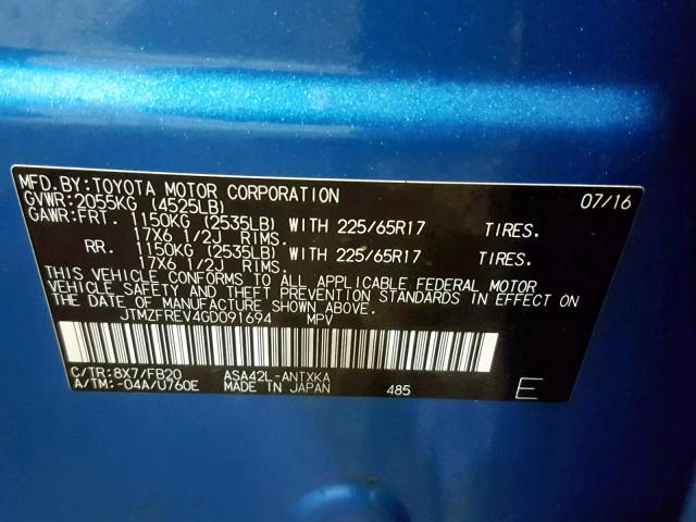 JTMZFREV4GD091694 - 2016 TOYOTA RAV4 LE 蓝色 照片 10