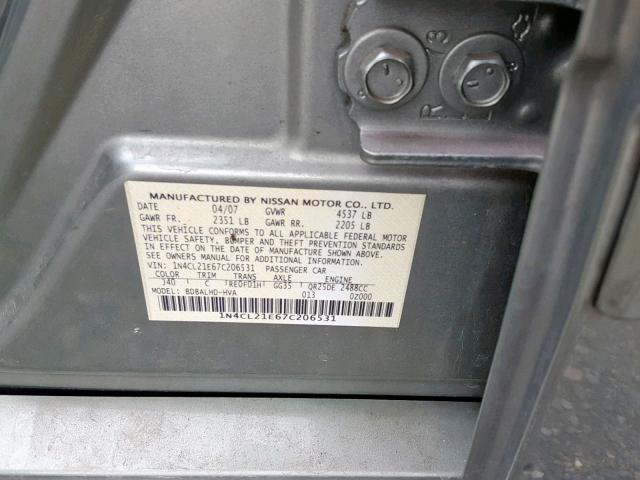 1N4CL21E67C206531 - 2007 NISSAN ALTIMA HYB GREEN photo 10