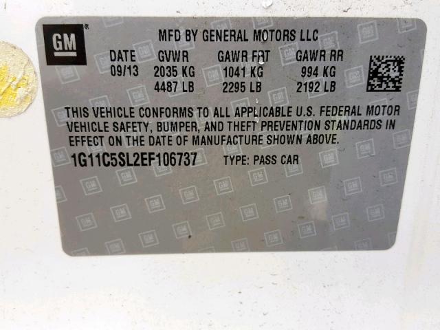 1G11C5SL2EF106737 - 2014 CHEVROLET MALIBU 1LT 白色 照片 10