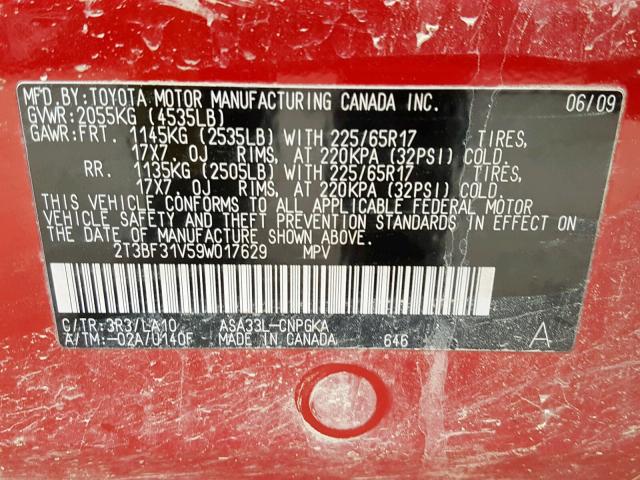 2T3BF31V59W017629 - 2009 TOYOTA RAV4 LIMIT RED photo 10