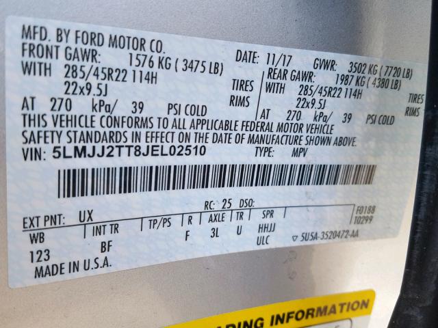 5LMJJ2TT8JEL02510 - 2018 LINCOLN NAVIGATOR SILVER photo 10