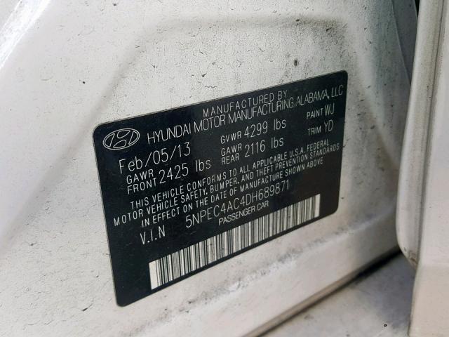 5NPEC4AC4DH689871 - 2013 HYUNDAI SONATA SE WHITE photo 10