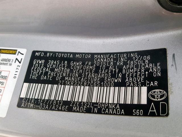 2T1KR32E87C651000 - 2007 TOYOTA MATRIX SILVER photo 10