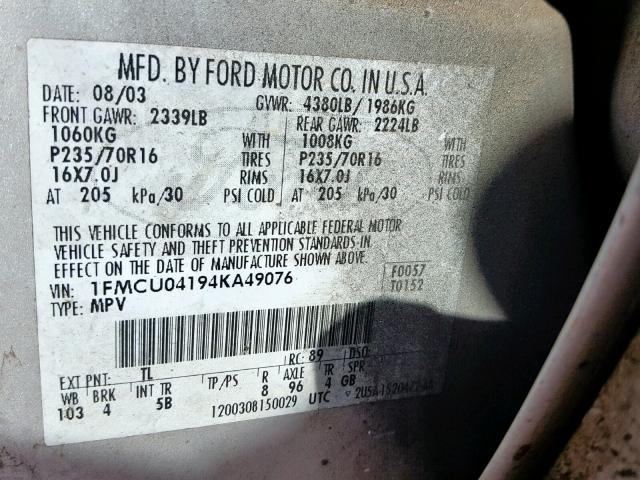 1FMCU04194KA49076 - 2004 FORD ESCAPE LIM SILVER photo 10