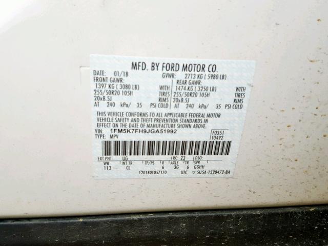 1FM5K7FH9JGA51992 - 2018 FORD EXPLORER L WHITE photo 10