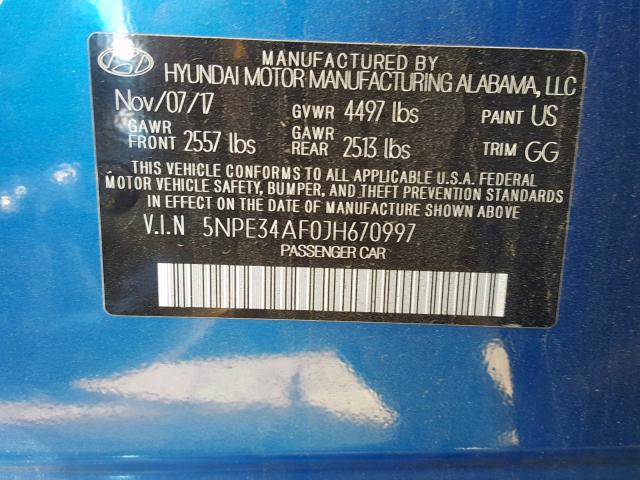 5NPE34AF0JH670997 - 2018 HYUNDAI SONATA SPO BLUE photo 10