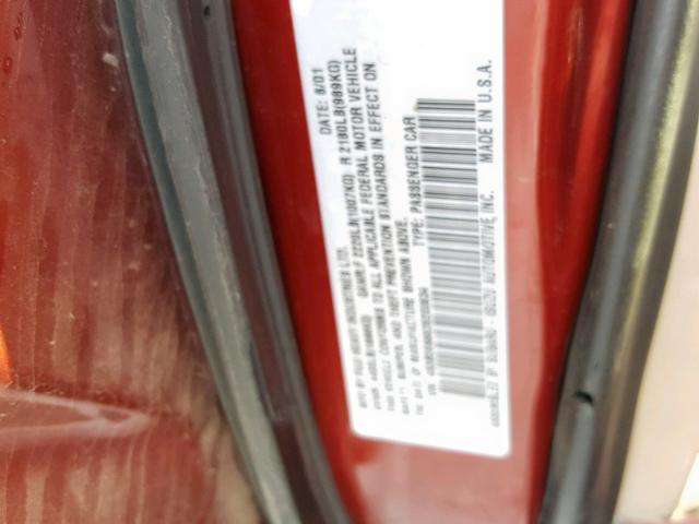 4S3BE656626200634 - 2002 SUBARU LEGACY GT RED photo 10