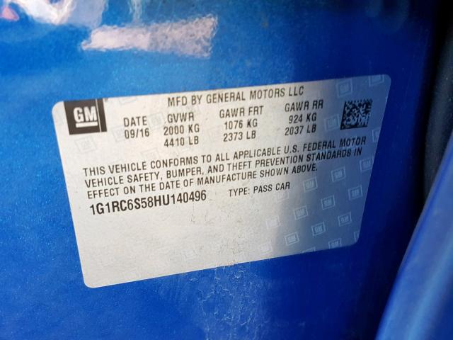 1G1RC6S58HU140496 - 2017 CHEVROLET VOLT LT BLUE photo 10