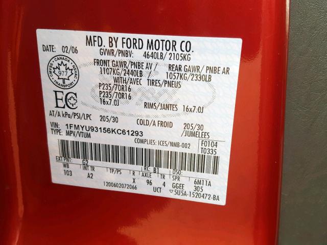 1FMYU93156KC61293 - 2006 FORD ESCAPE XLT RED photo 10