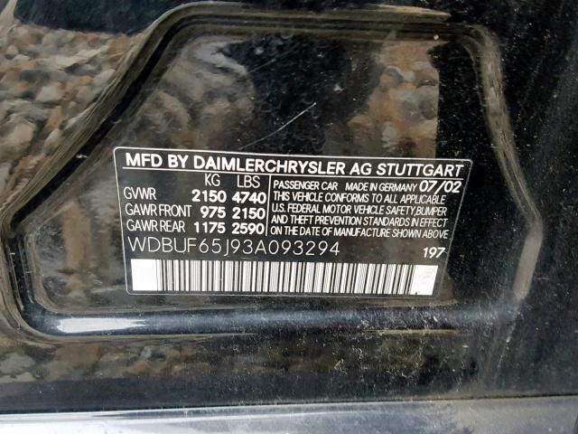 WDBUF65J93A093294 - 2003 MERCEDES-BENZ E 320 BLACK photo 10