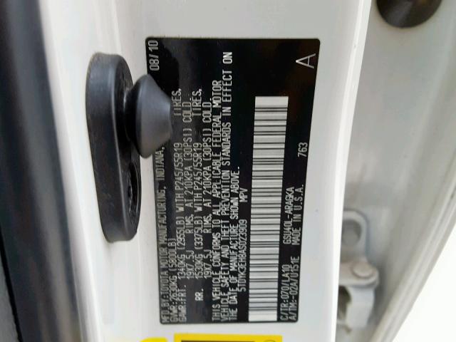 5TDYK3EH8AS023909 - 2010 TOYOTA HIGHLANDER WHITE photo 10