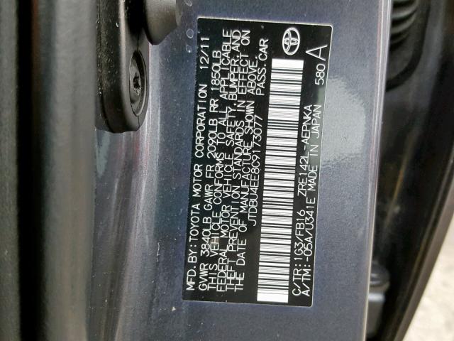 JTDBU4EE8C9173077 - 2012 TOYOTA COROLLA BA 灰色 照片 10