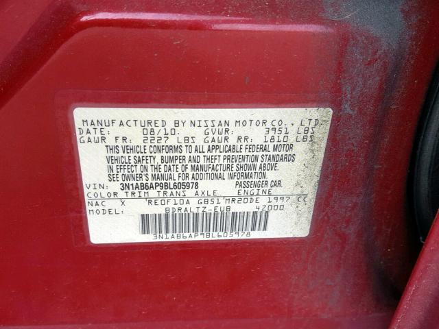 3N1AB6AP9BL605978 - 2011 NISSAN SENTRA 2.0 RED photo 10