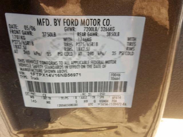 1FTPX14V16NB56971 - 2006 FORD F150 GRAY photo 10