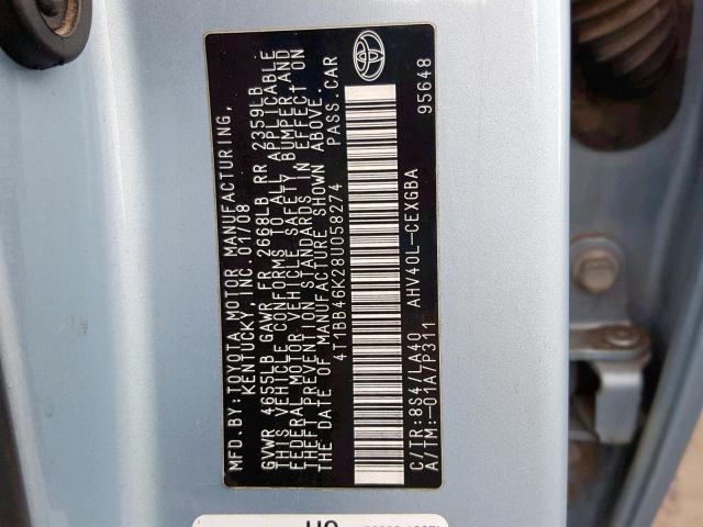 4T1BB46K28U058274 - 2008 TOYOTA CAMRY HYBR BLUE photo 10